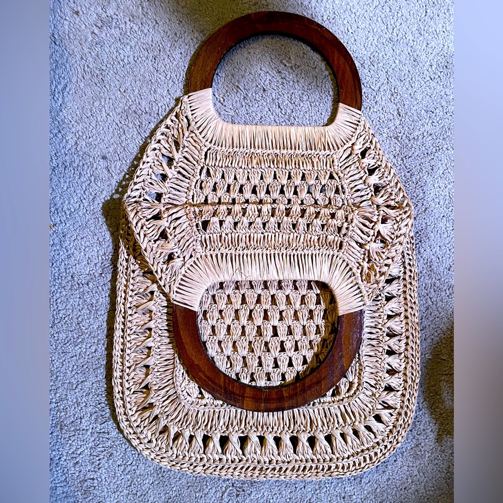 Vintage 1970s macrame straw and wood bag boho groceries